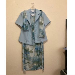 Blue Floral Dress with Jacket and Scarf